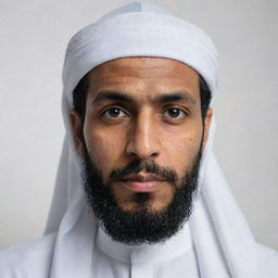 Realistic portrait of a Muslim man, face covered, wearing traditional attire, sternly staring directly into the camera against a plain white background.