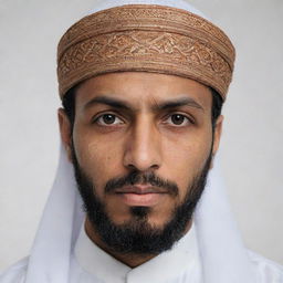 Realistic portrait of a Muslim man, face covered, wearing traditional attire, sternly staring directly into the camera against a plain white background.