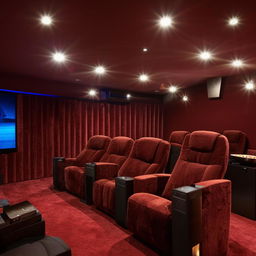 Luxurious basement home cinema theater with plush seating and state-of-the-art equipment