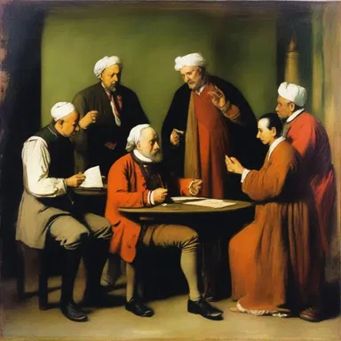 In the painting, the characters are engaged in a lively bargaining session, discussing the price and conditions of their agreement.