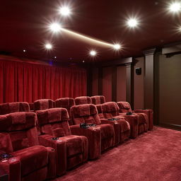 Luxurious basement home cinema theater with plush seating and state-of-the-art equipment