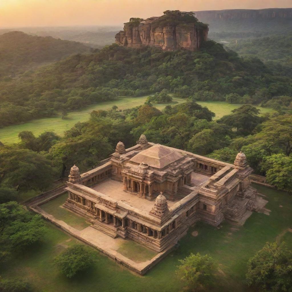 A majestic kingdom from the Humpi era, with sandstone temples and royal enclosures, surrounded by lush green landscapes and a radiant sunset.