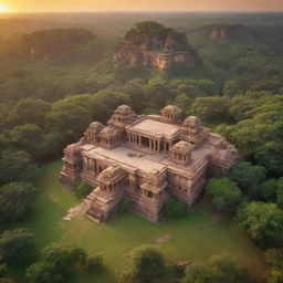 A majestic kingdom from the Humpi era, with sandstone temples and royal enclosures, surrounded by lush green landscapes and a radiant sunset.