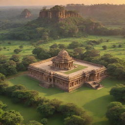 A majestic kingdom from the Humpi era, with sandstone temples and royal enclosures, surrounded by lush green landscapes and a radiant sunset.