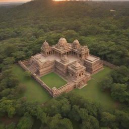 A majestic kingdom from the Humpi era, with sandstone temples and royal enclosures, surrounded by lush green landscapes and a radiant sunset.