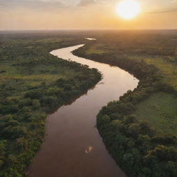 Arial view of the Humpi kingdom, with a flowing river and the sun setting in the background