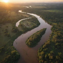 Arial view of the Humpi kingdom, with a flowing river and the sun setting in the background