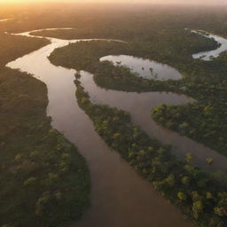 Arial view of the Humpi kingdom, with a flowing river and the sun setting in the background