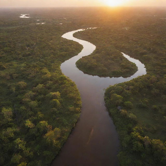 Arial view of the Humpi kingdom, with a flowing river and the sun setting in the background