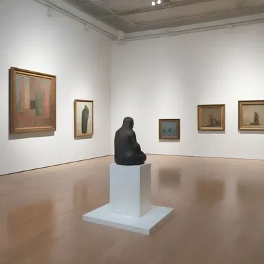 The gallery displayed numerous art objects, including paintings, sculptures, and mixed media installations.