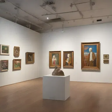 The gallery displayed numerous art objects, including paintings, sculptures, and mixed media installations.