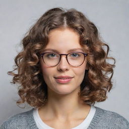 Generate an image of a girl named Riga with wavy hair and wearing glasses.