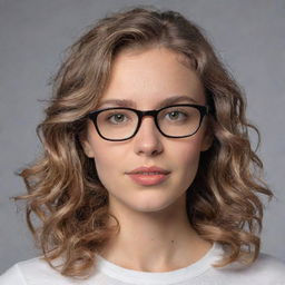 Generate an image of a girl named Riga with wavy hair and wearing glasses.