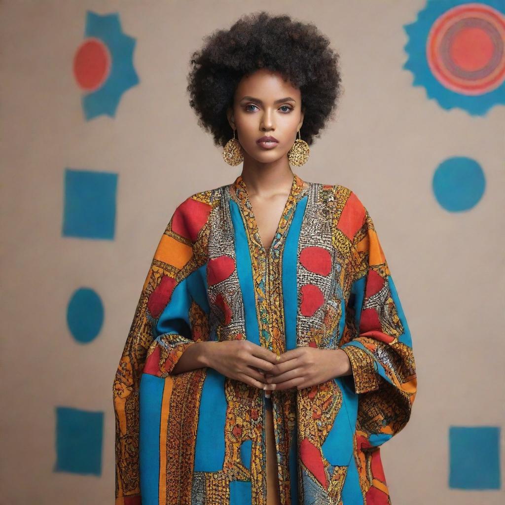 Somali-inspired designs incorporating typical motifs and patterns, featuring bold geometric shapes, intricate patterns, bright colors, and distinctive African aesthetics.