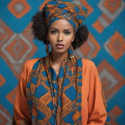 Somali-inspired designs incorporating typical motifs and patterns, featuring bold geometric shapes, intricate patterns, bright colors, and distinctive African aesthetics.