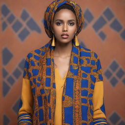 Somali-inspired designs incorporating typical motifs and patterns, featuring bold geometric shapes, intricate patterns, bright colors, and distinctive African aesthetics.