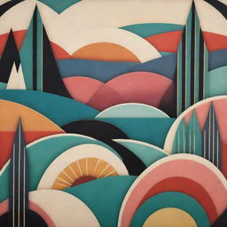 An Art-Deco landscape featuring geometric patterns, streamlined forms, and vibrant colours