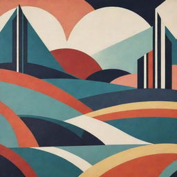 An Art-Deco landscape featuring geometric patterns, streamlined forms, and vibrant colours