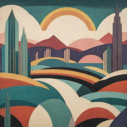 An Art-Deco landscape featuring geometric patterns, streamlined forms, and vibrant colours