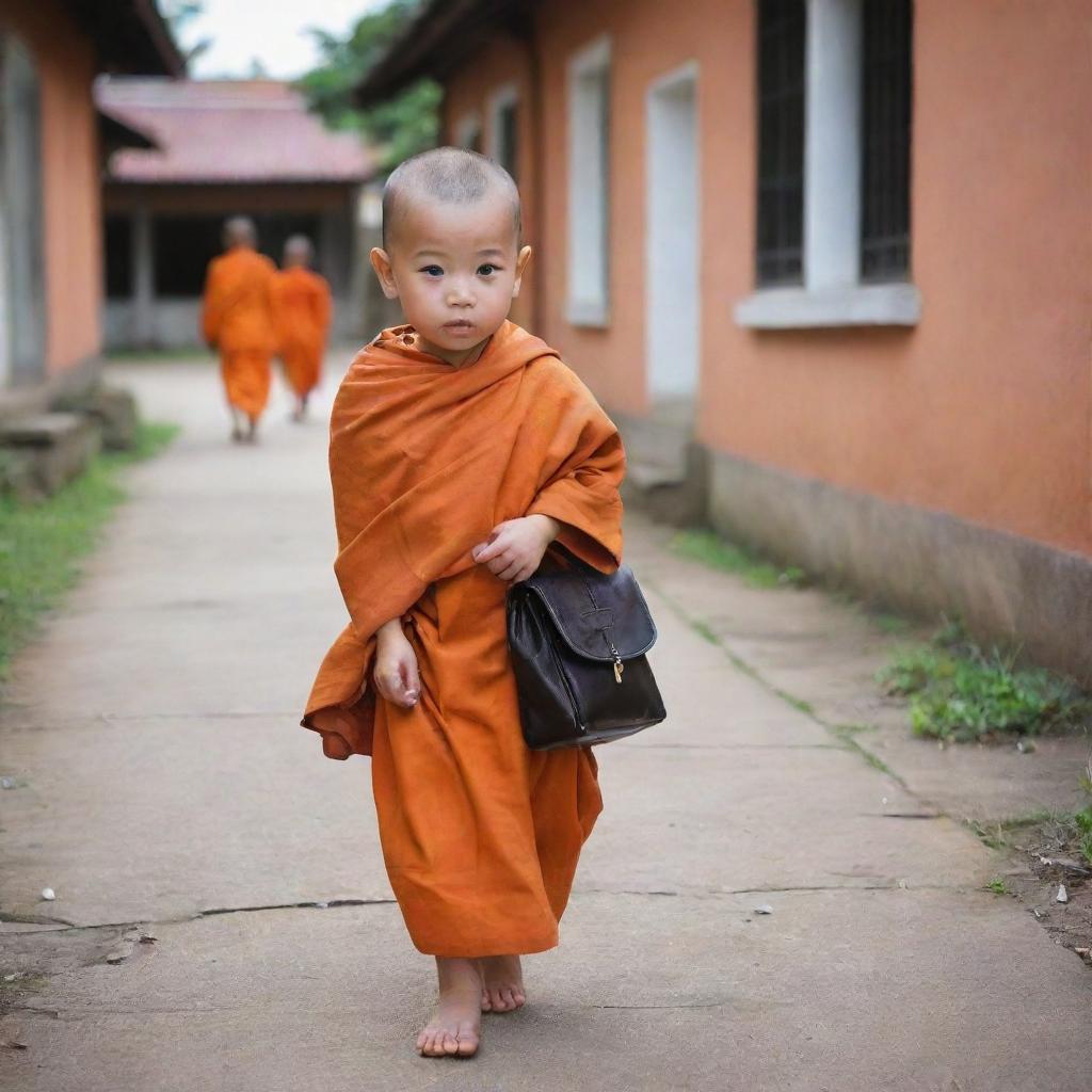 An adorable baby monk in orange robes, carrying a small school bag, walking towards a quaint old school.