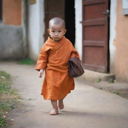 An adorable baby monk in orange robes, carrying a small school bag, walking towards a quaint old school.