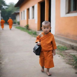 An adorable baby monk in orange robes, carrying a small school bag, walking towards a quaint old school.