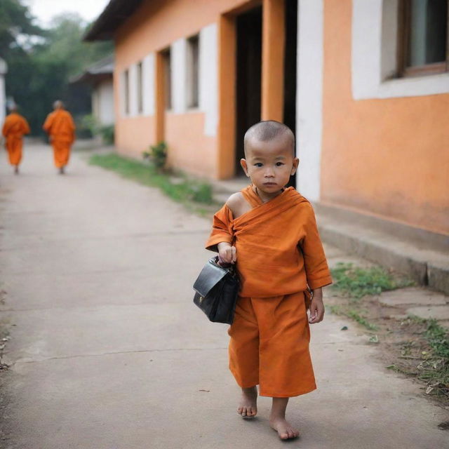 An adorable baby monk in orange robes, carrying a small school bag, walking towards a quaint old school.