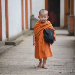 An adorable baby monk in orange robes, carrying a small school bag, walking towards a quaint old school.