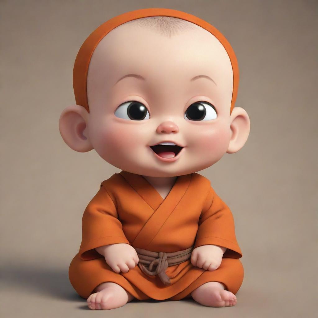 A cute and animated baby dressed as a monk, displaying innocent and playful expressions, carefully crafted in a cartoon style.