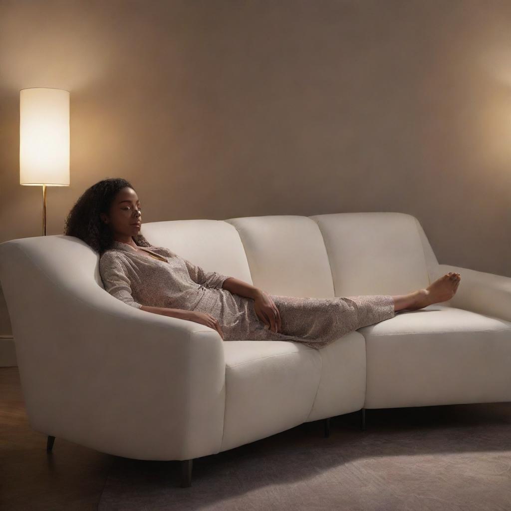 An AI persona with a sense of style, reclining on a modern sofa in a room lit with ambient lighting that casts an alluring glow. The aura is one of relaxed sophistication.