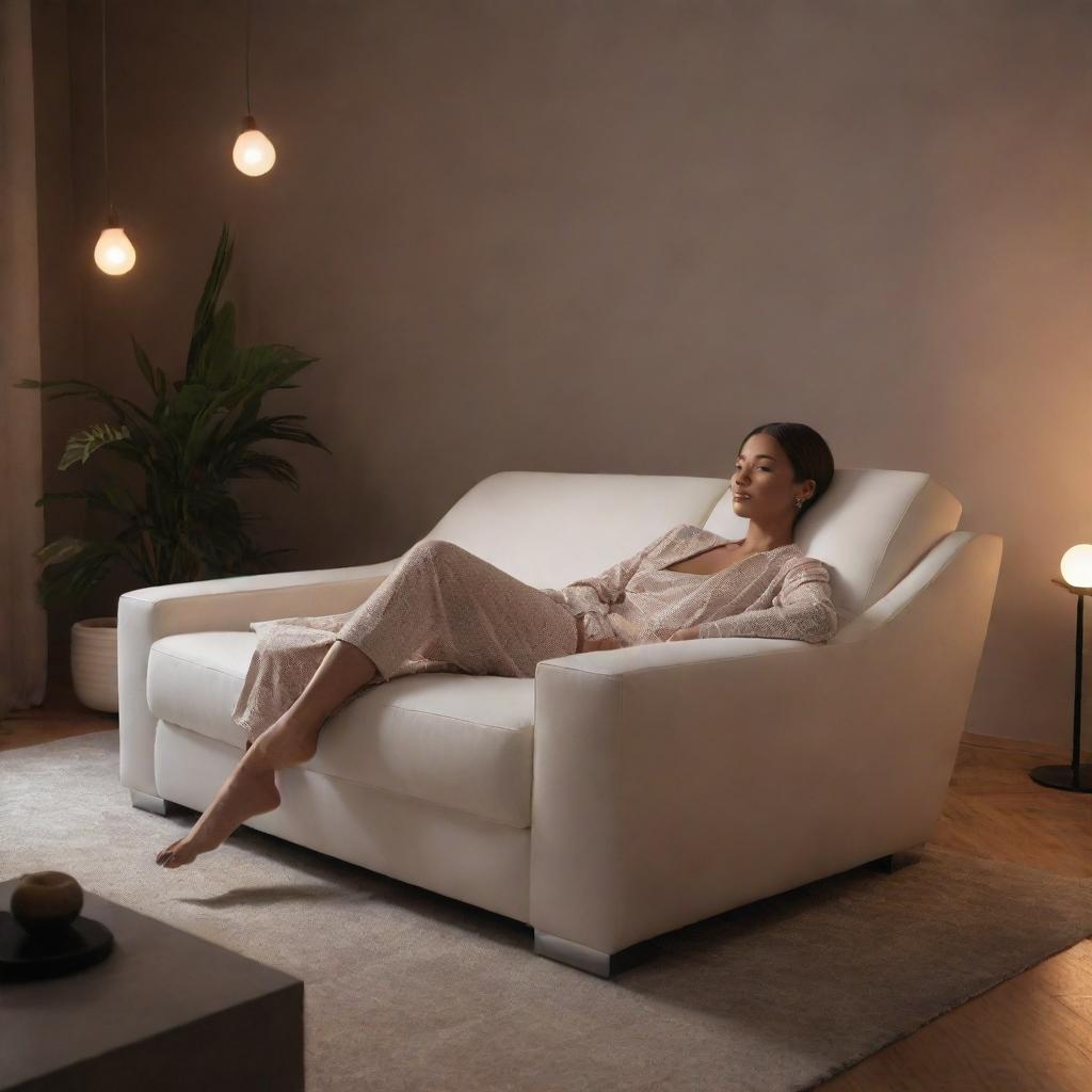 An AI persona with a sense of style, reclining on a modern sofa in a room lit with ambient lighting that casts an alluring glow. The aura is one of relaxed sophistication.