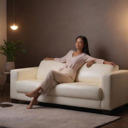 An AI persona with a sense of style, reclining on a modern sofa in a room lit with ambient lighting that casts an alluring glow. The aura is one of relaxed sophistication.