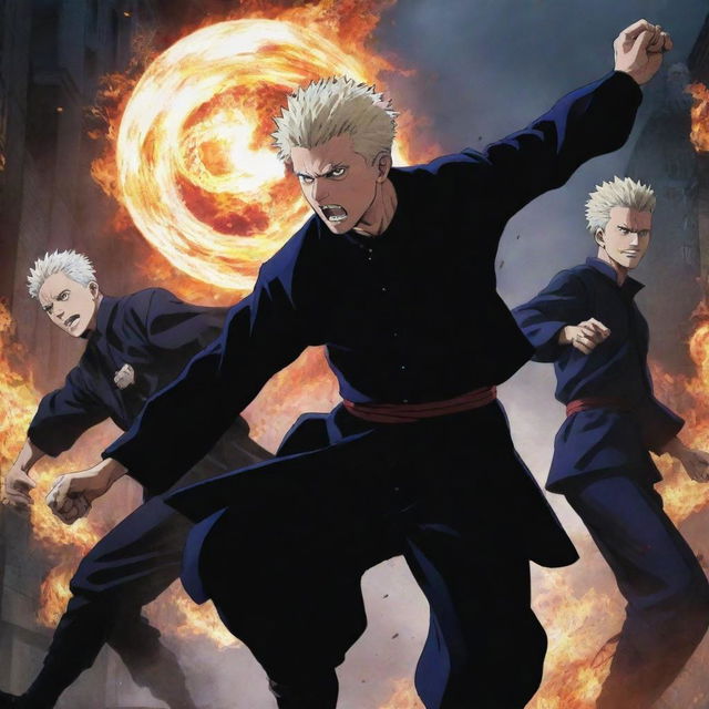 Illustrate the final energetic and momentous battle from the anime Jujutsu Kaisen, showcasing a flurry of spellcasting, martial arts, and vivid energy explosions in a desolate urban battlefield.