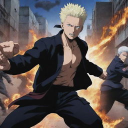 Illustrate the final energetic and momentous battle from the anime Jujutsu Kaisen, showcasing a flurry of spellcasting, martial arts, and vivid energy explosions in a desolate urban battlefield.