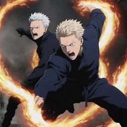 Illustrate the final energetic and momentous battle from the anime Jujutsu Kaisen, showcasing a flurry of spellcasting, martial arts, and vivid energy explosions in a desolate urban battlefield.