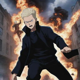 Illustrate the final energetic and momentous battle from the anime Jujutsu Kaisen, showcasing a flurry of spellcasting, martial arts, and vivid energy explosions in a desolate urban battlefield.