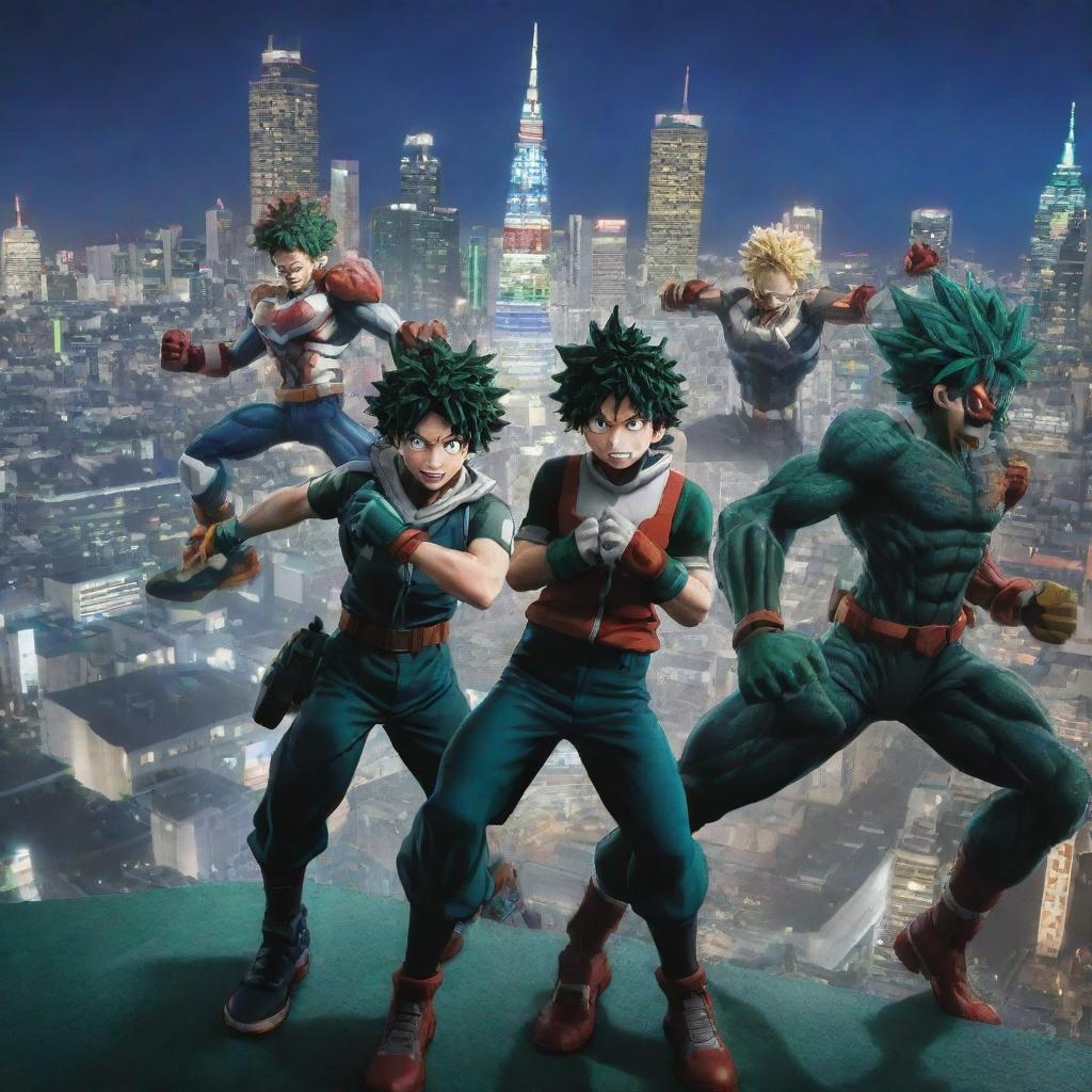 Anime characters from My Hero Academia, including Izuku Midoriya, Katsuki Bakugo, and All Might, in action-packed poses with a vibrant, Tokyo cityscape as the backdrop.