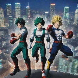 Anime characters from My Hero Academia, including Izuku Midoriya, Katsuki Bakugo, and All Might, in action-packed poses with a vibrant, Tokyo cityscape as the backdrop.