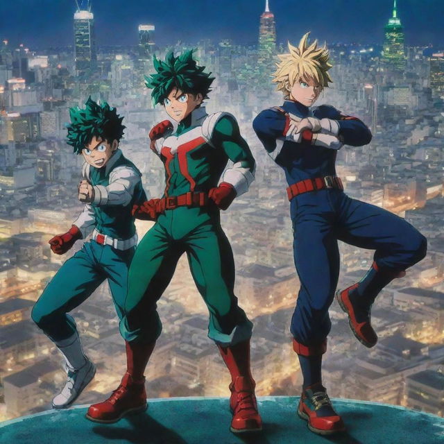 Anime characters from My Hero Academia, including Izuku Midoriya, Katsuki Bakugo, and All Might, in action-packed poses with a vibrant, Tokyo cityscape as the backdrop.