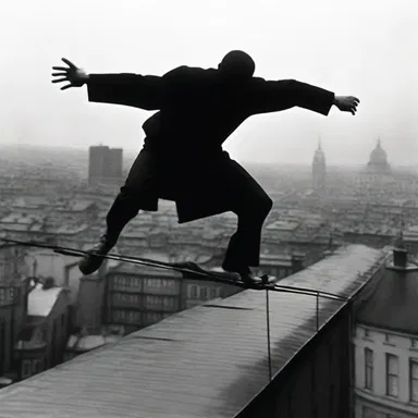 The suspenseful movie had a thrilling scene where the villain was chased across a rooftop and leaped over a wide gap using a crossbar as a makeshift bridge.
