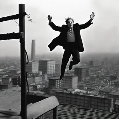 The suspenseful movie had a thrilling scene where the villain was chased across a rooftop and leaped over a wide gap using a crossbar as a makeshift bridge.