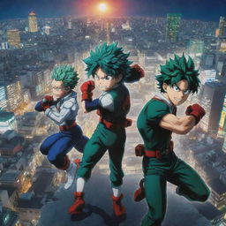 Anime characters from My Hero Academia, including Izuku Midoriya, Katsuki Bakugo, and All Might, in action-packed poses with a vibrant, Tokyo cityscape as the backdrop.