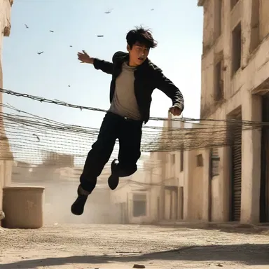 In the action movie, the protagonist narrowly dodges bullets and gracefully jumps over the crossbar to escape from the enemies.
