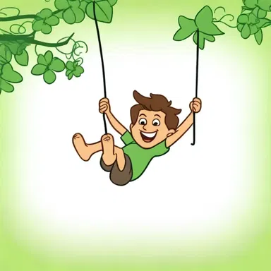 In the animated cartoon, the mischievous character swings from vine to vine using a crossbar as a makeshift swing.