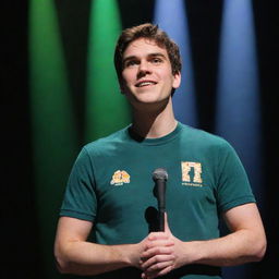 Public figure MatPat, known for his work on Game Theory, formally announcing his retirement on a stage adorned with gaming elements, under a spotlight.