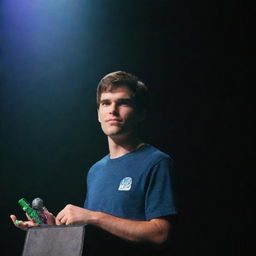 Public figure MatPat, known for his work on Game Theory, formally announcing his retirement on a stage adorned with gaming elements, under a spotlight.