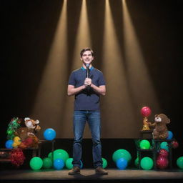 Public figure MatPat, known for his work on Game Theory, formally announcing his retirement on a stage adorned with gaming elements, under a spotlight.