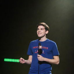 Public figure MatPat, known for his work on Game Theory, formally announcing his retirement on a stage adorned with gaming elements, under a spotlight.