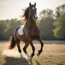 A majestic horse prancing in a sunlit field with a proud, skillful rider atop