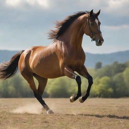 A majestic horse prancing in a sunlit field with a proud, skillful rider atop